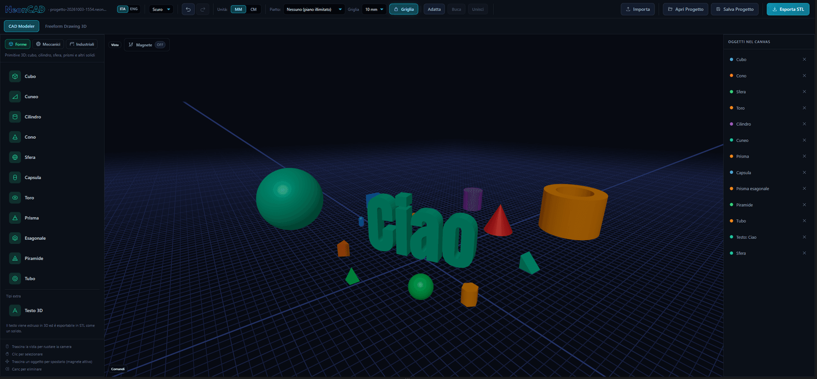 Interfaccia CAD Modeler con primitive 3D e testo come solido sul piano
